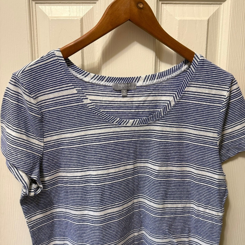 Habitat Blue White Striped Linen Blend Short Sleve Scoop Neck Tee Shirt Size M